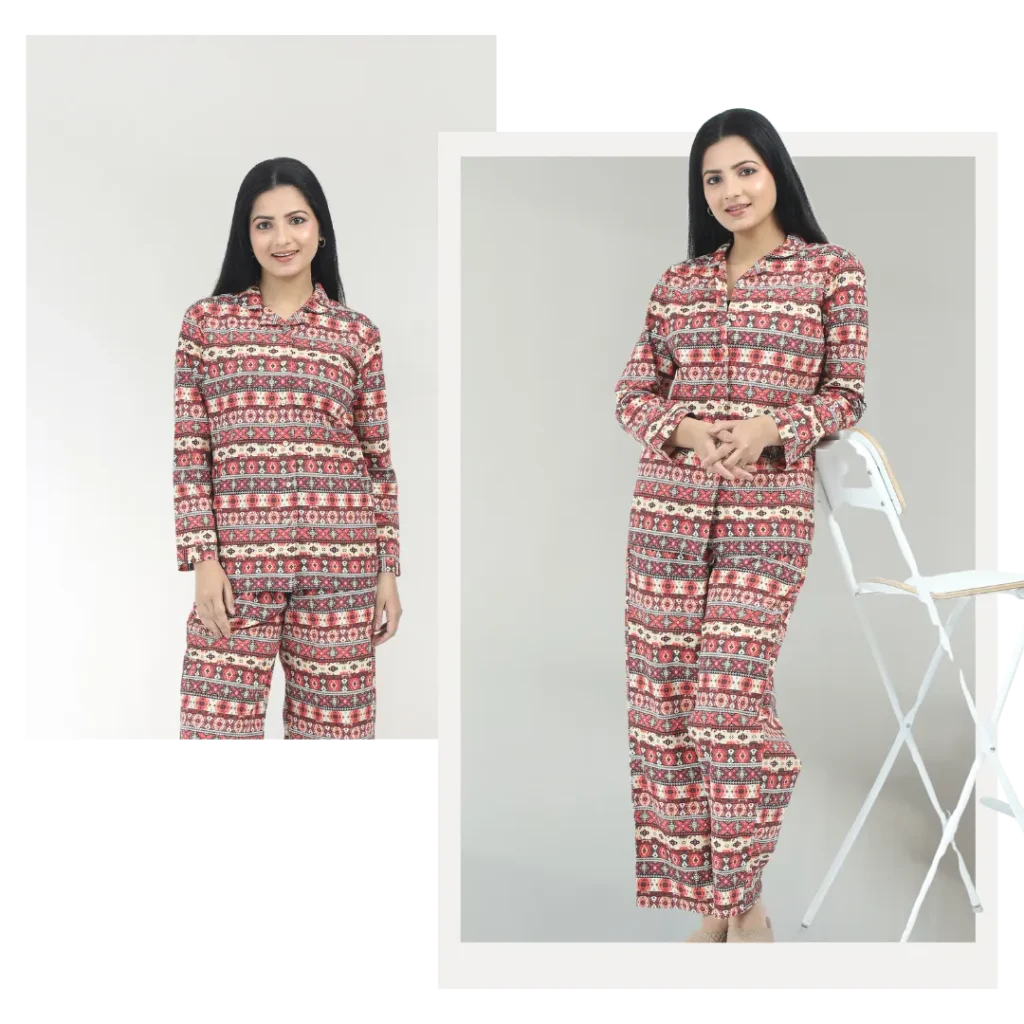 Collage of 2 images showing Models wearing Babudu premium quslity beige boho love affair pyjamas and womens sleepwear.