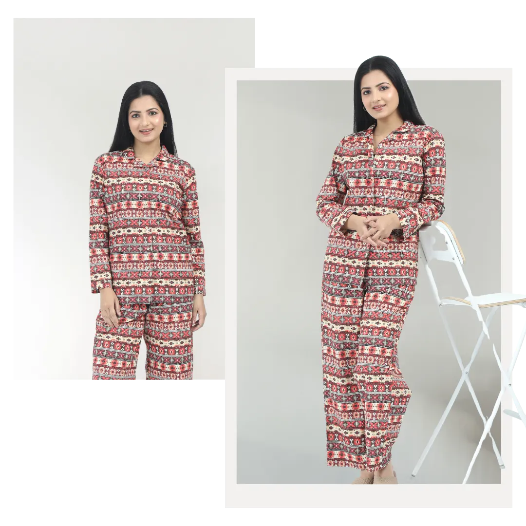 Collage of 2 images showing Models wearing Babudu premium quslity beige boho love affair pyjamas and womens sleepwear.