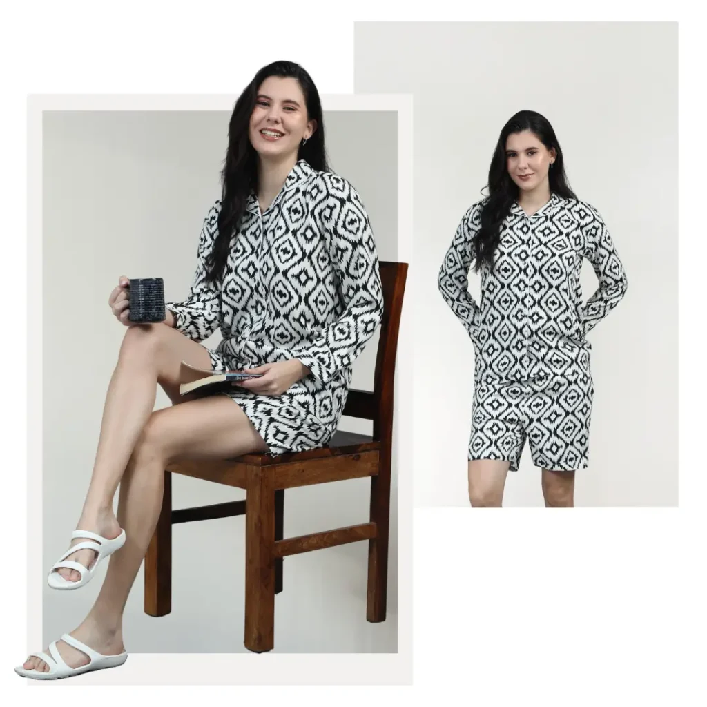 Collage of 2 images showing Models wearing Babudu premium quality Black & White Symmetry pyjamas and 3-piece women’s sleepwear.