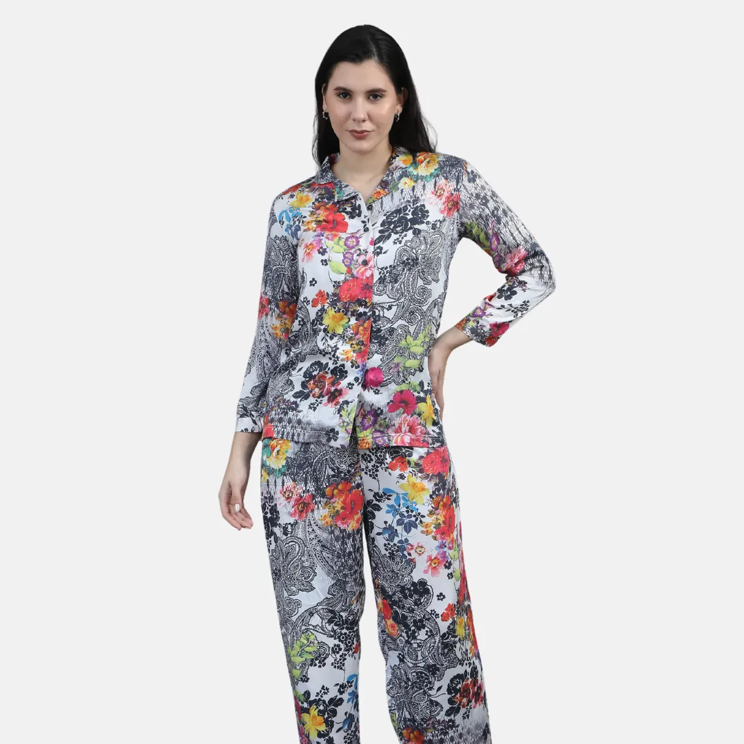 Front faced full shot Babudu Model wearing -Doodle Me Happy A soft 3-piece rayon blend Pyjama & loungewear set featuring playful doodle prints in a relaxed fit. Perfect for relaxing weekends. Model wearing full-Sleeve button-down top and relaxed-fit pants with side pockets. Lightweight, breathable, & easygoing fit for all-season comfort. Perfect for everyday wear in Melbourne, AU. Three-piece outfit including top, pants, and shorts